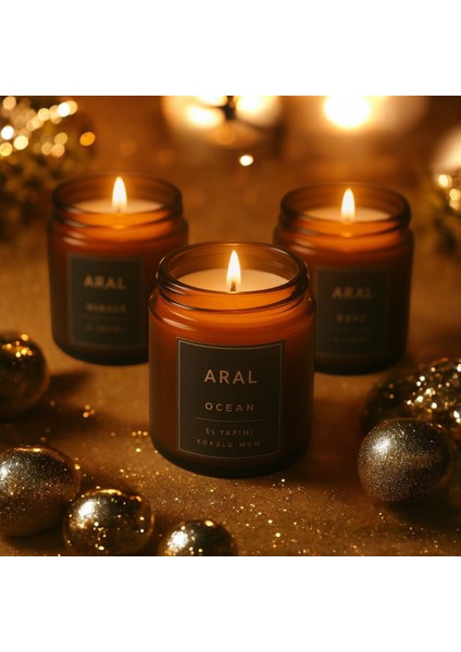 3'lü Set Kokulu Tasarım Mum Amber 100 ml Cam Kavanoz