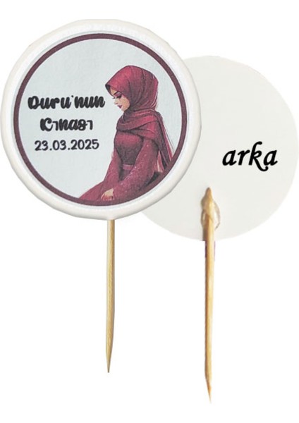 20 Adet Kişiye Özel Yuvarlak Bayraklı Baskılı Kına Hatırası Pasta Kürdanı 6,5 cm -2