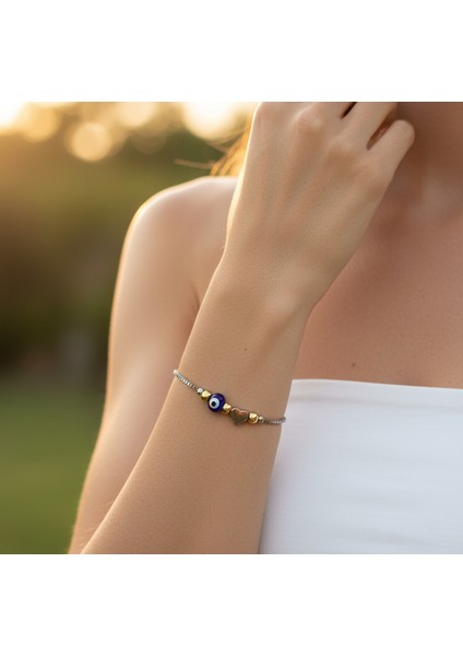 Nazar Boncuklu Mavi Kalp Asansörlü Bileklik