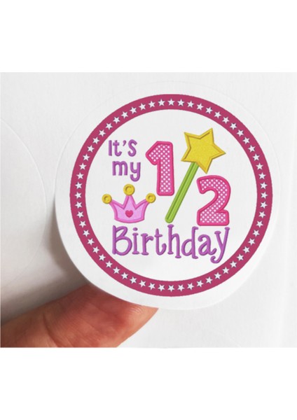 Beyhan Bayhan 48 Adet 4 cm Pembe Half Birthday Baskılı Mat Etiket Sticker - Yarım Yaş Doğum Günü