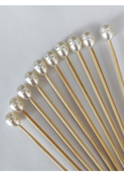 15 cm Uzun Kürdan - 30 Adet Dekoratif Lüks Büyük Krem Inci Boncuklu Kokteyl Karıştırıcı