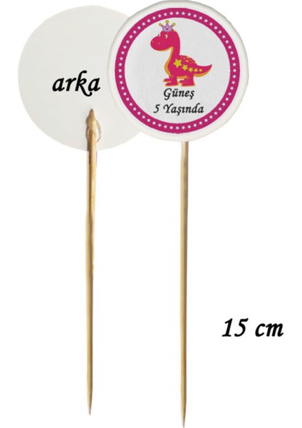 15 cm Uzun Kürdan - 20 Adet Kişiye Özel Pembe Dinazor Baskılı Doğum Günü Pasta Kürdanı