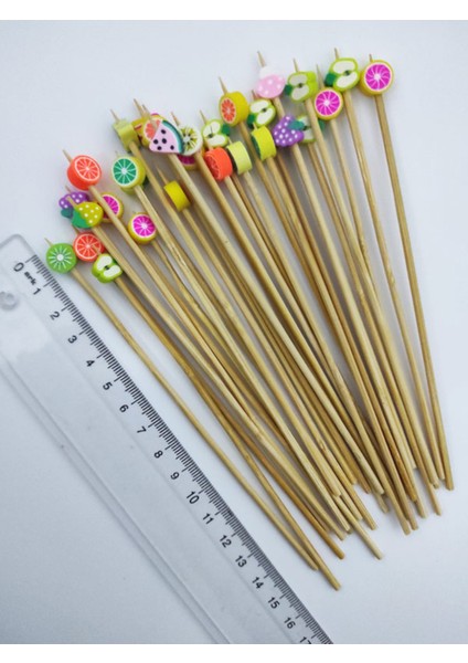 15 cm Uzun Kürdan - 30 Adet Dekoratif Karışık Meyve Boncuklu Kokteyl Kürdanı