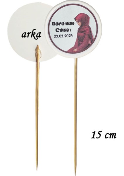 15 cm Uzun Kürdan - 20 Adet Kişiye Özel Yuvarlak Bayraklı Kına Hatırası Pasta Kürdanı -2