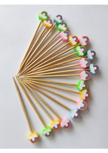 100 Adet Dekoratif Gökkuşağı Boncuklu Pasta Kürdanı 6,5 cm - Sunum Kürdanı