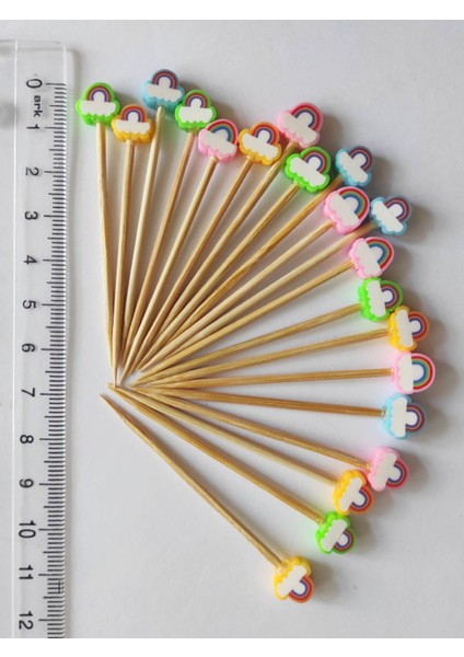 100 Adet Dekoratif Gökkuşağı Boncuklu Pasta Kürdanı 6,5 cm - Sunum Kürdanı fiyatları