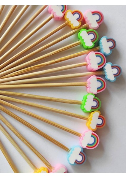 100 Adet Dekoratif Gökkuşağı Boncuklu Pasta Kürdanı 6,5 cm - Sunum Kürdanı modelleri