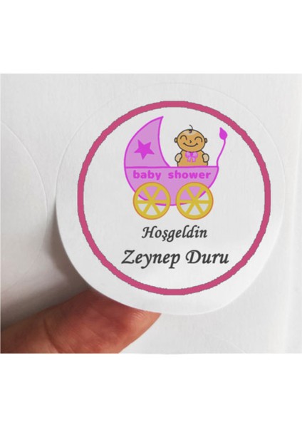 48 Adet 4 cm Kişiye Özel Pembe Pusetli Hoşgeldin Bebek Baskılı Mat Etiket Sticker -1