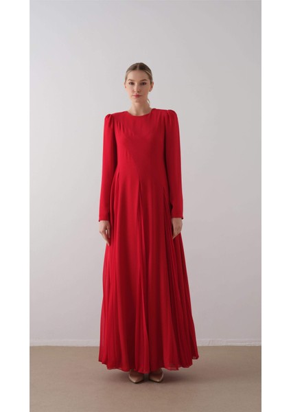 Parça Piliseli Krep Şifon Elbise Kırmızı