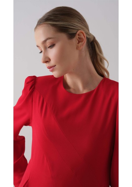 Parça Piliseli Krep Şifon Elbise Kırmızı fiyatları