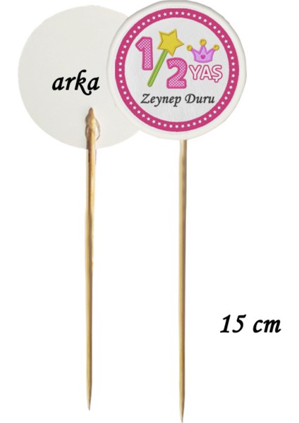 Beyhan Bayhan 15 cm Uzun Kürdan - 20 Adet Kişiye Özel Pembe Half Birthday Baskılı Pasta Kürdanı