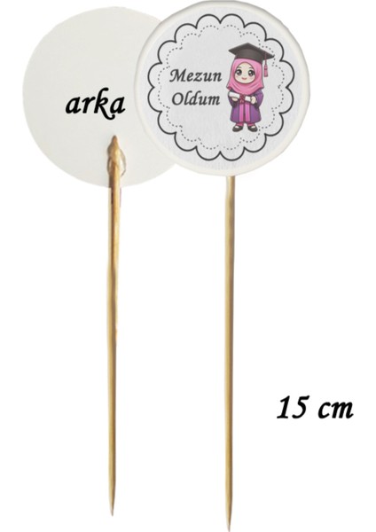 15 cm Uzun Kürdan - 20 Adet Kız Çocuk Mezun Oldum Mezuniyet Baskılı Kürdan