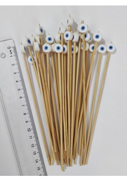 15 cm Uzun Kürdan - 30 Adet Dekoratif Beyaz Nazar Boncuklu Kokteyl Kürdanı