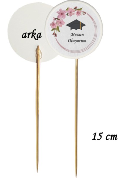 15 cm Uzun Kürdan - 20 Adet Çiçekli Mezun Oldum Mezuniyet Baskılı Kürdan