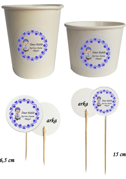 40 Parça Kişiye Özel Mavi Kuran-I Kerim Okuyor Kürdan Seti-Bardak Kase Kısa ve Uzun Kürdan