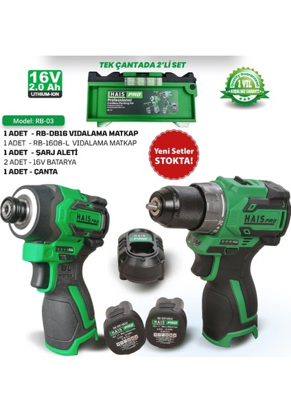 Haispro Akülü Set - 2'li Profesyonel 16V Akülü Set + 2x2 Ah Çift Akü - Rb-03 fırsatları