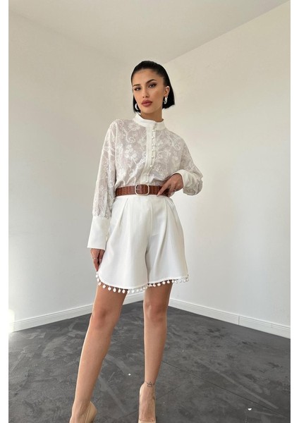 Ekru Dantelli Gömlek ve Ponpolu Şort Takım modelleri