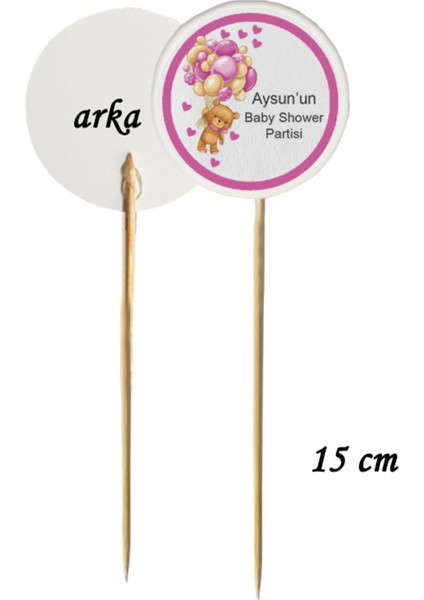 15 cm Uzun Kürdan - 20 Adet Kişiye Özel Baskılı Pembe Baby Shower Partisi Pasta Kürdanı -2