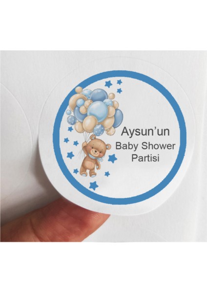 Beyhan Bayhan 48 Adet 4 cm Kişiye Özel Mavi Baby Shower Partisi Baskılı Mat Etiket Sticker 1
