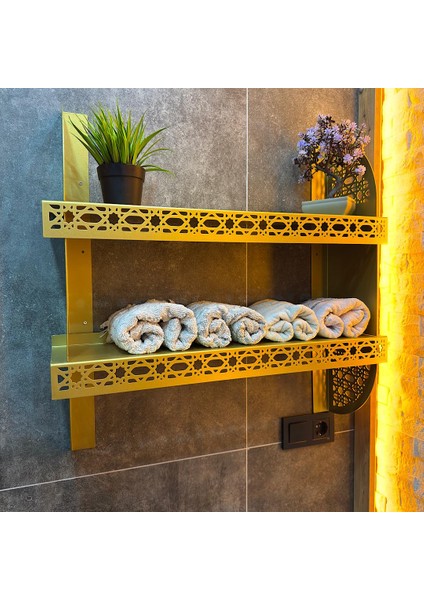 Metal Duvar Rafı – 2 Katlı Dekoratif Lazer Kesim Raf | Modern – Klasik Tarz | 65X65 cm (Siyah / Gold / Beyaz)