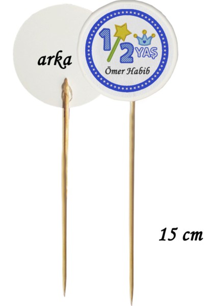 15 cm Uzun Kürdan - 20 Adet Kişiye Özel Mavi Half Birthday Baskılı Pasta Kürdanı
