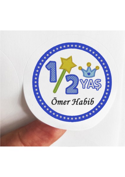 48 Adet 4 cm Kişiye Özel Mavi Half Birthday Baskılı Mat Etiket Sticker - Yarım Yaş Doğum Günü