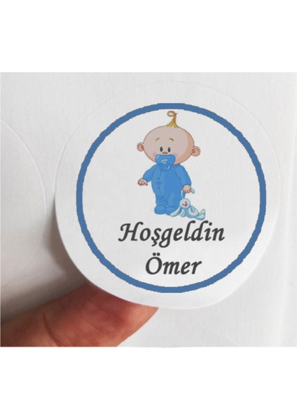 48 Adet 4 cm Kişiye Özel Mavi Ayakta Bebek Hoşgeldin Baskılı Mat Etiket Sticker -3