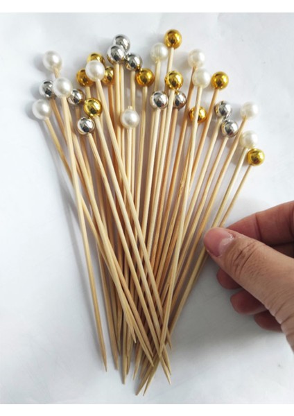 15 cm Uzun Kürdan - 30 Adet Dekoratif Karışık Renkli Büyük Incili Kokteyl Kürdanı - Inci 10 mm