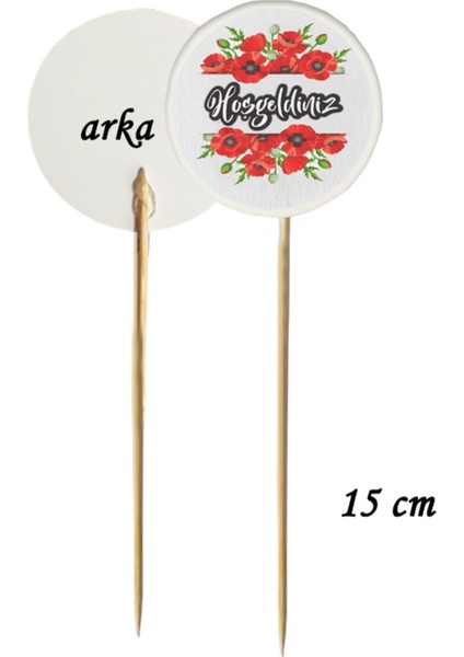 15 cm Uzun Kürdan - 20 Adet Çiçekli Hoşgeldiniz Baskılı Kokteyl Kürdanı