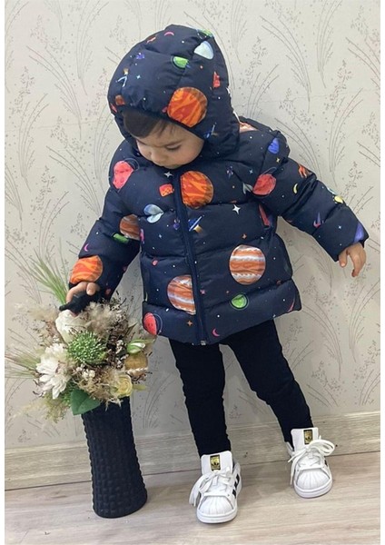 Kız Erkek Çocuk Iç Polarlı Kapüşonlu Galaksi Desenli Kışlık Şişme Mont