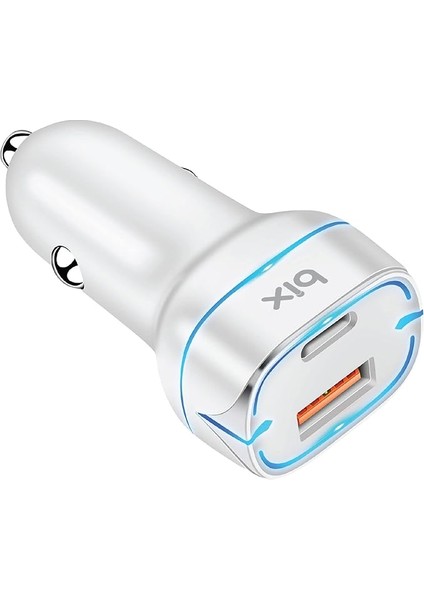 BX-CCP36WT 38W Type-C Pd 20W ve Usb-A Qc 3.0 18W Çift Portlu LED Işıklı Araç Şarj Cihazı Beyaz iPhone 15/14/13/12/11/x/, Ipad, Galaxy S24/S23/S22/S21/S20 ve Daha Fazlasıyla Uyumlu BXCCP36WT