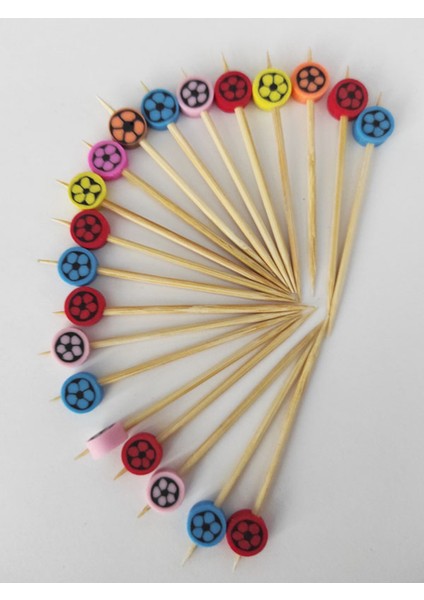 50 Adet Dekoratif Karışık Renkli Futbol Topu Boncuklu Pasta Kürdan 6,5 cm -