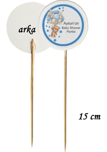15 cm Uzun Kürdan - 20 Adet Kişiye Özel Baskılı Mavi Baby Shower Partisi Pasta Kürdanı -1