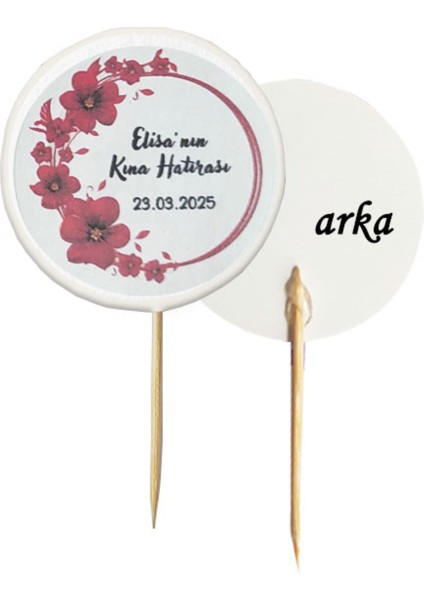 20 Adet Kişiye Özel Yuvarlak Bayraklı Baskılı Kına Hatırası Pasta Kürdanı 6,5 cm -4