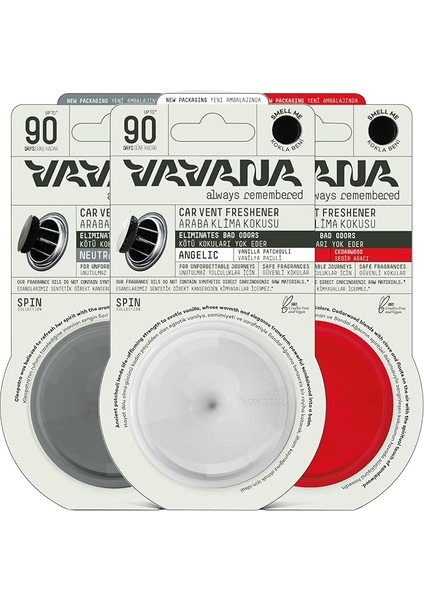 Spin Araba Klima Kokusu - Profesyonel Otomobil Kokusu | Bpa &amp; Sıvı Içermez | 90 Gün Etkili | Araç Parfümü 3'lü Set (Neutral &amp; Angelıc &amp; Relaxed)