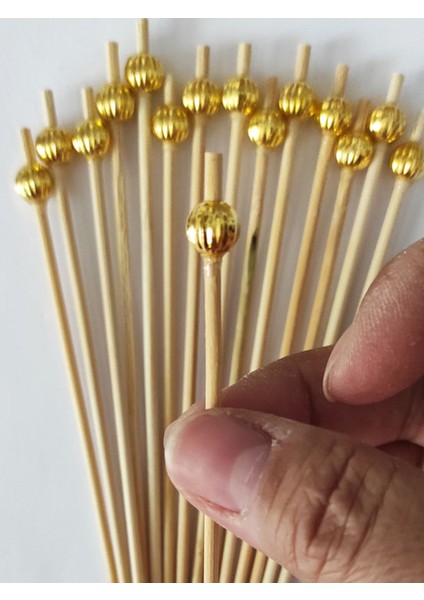 15 cm Uzun Kürdan - 30 Adet Dekoratif Gold Çizgili Inci Boncuklu Kokteyl Karıştırıcı