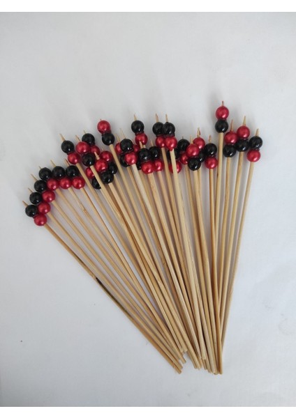 15 cm Uzun Kürdan - 30 Adet Dekoratif Siyah Bordo Çift Inci Boncuklu Kokteyl Kürdanı