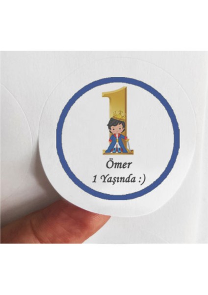 48 Adet 4 cm Kişiye Özel Mavi 1 Yaş Baskılı Mat Etiket Sticker -1