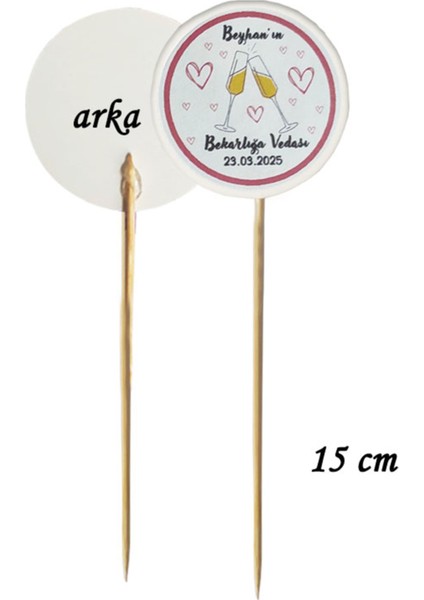 15 cm Uzun Kürdan - 20 Adet Kişiye Özel Baskılı Bekarlığa Veda Pasta Kürdanı Bride To Be -4