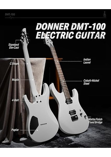 Katı Gövde Elektro Gitar, DMT-100 39 Inç Metal Elektro Gitar, H-H Manyetikli Inşaat Kiti, Çanta, Teller, Askı, Kablo, Rock Müzik Severler Için Tel Amortisör (Beyaz) modelleri