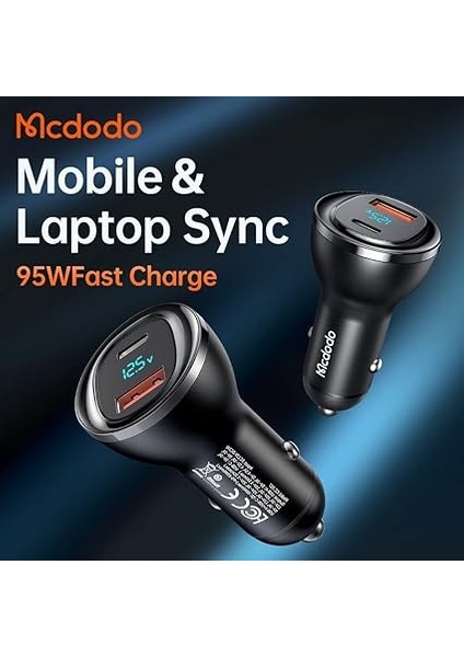 CC-5670 95W 1xtype-C ve 1xusb Girişli Dijital Göstergeli Araç Çakmak Şarjı, Siyah indirimleri