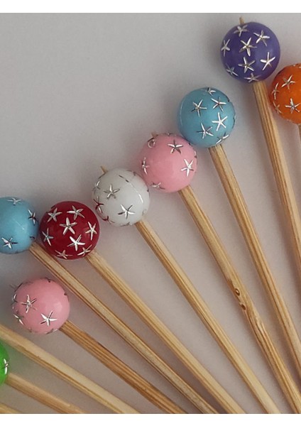 100 Adet Dekoratif Renkli Yıldız Desenli Top Boncuklu Pasta Kürdanı 6,5 cm - Yılbaşı Kürdanı