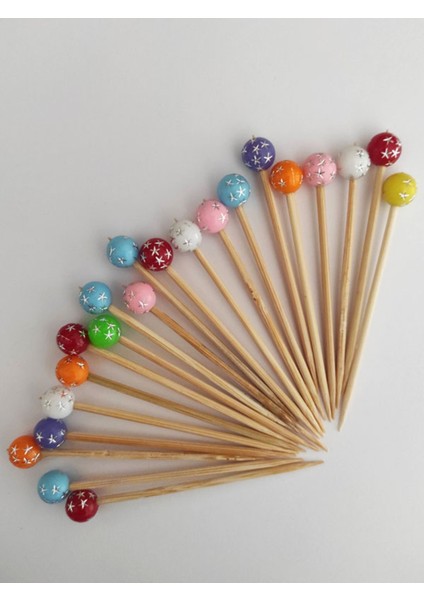 100 Adet Dekoratif Renkli Yıldız Desenli Top Boncuklu Pasta Kürdanı 6,5 cm - Yılbaşı Kürdanı fiyatları