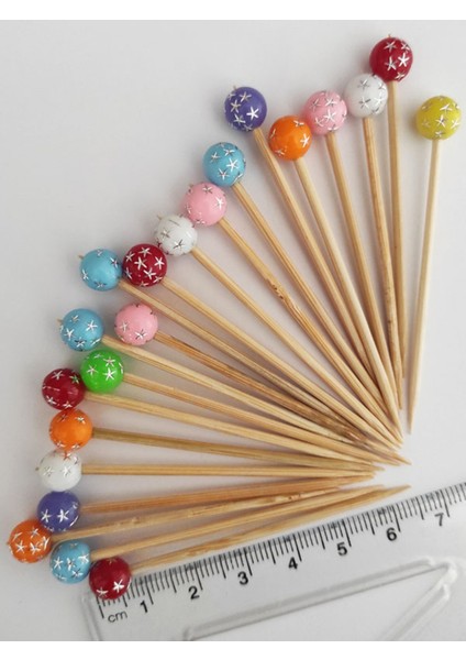 100 Adet Dekoratif Renkli Yıldız Desenli Top Boncuklu Pasta Kürdanı 6,5 cm - Yılbaşı Kürdanı modelleri