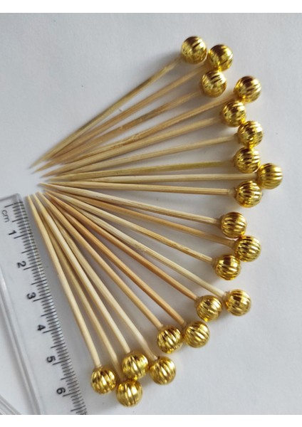 Beyhan Bayhan 100 Adet Dekoratif Gold Çizgili Inci Boncuklu Pasta Kürdanı 6,5 cm - Boncuk 8 mm