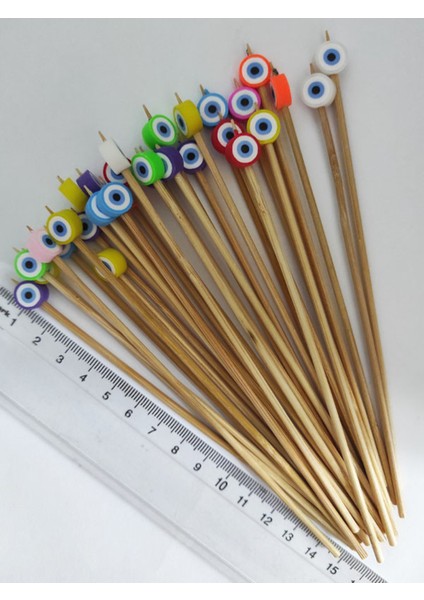 15 cm Uzun Kürdan - 30 Adet Dekoratif Karışık Nazar Boncuklu Kokteyl Kürdanı