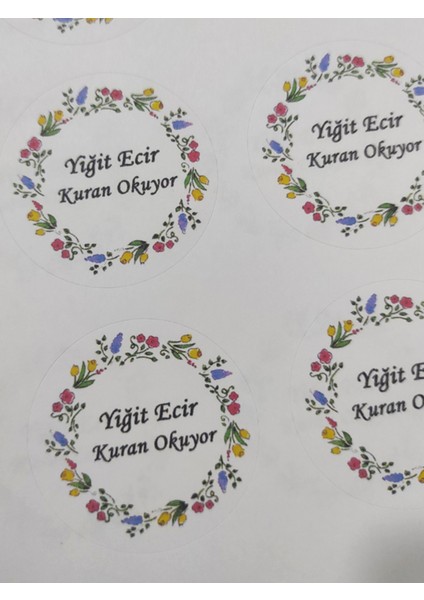 48 Adet 4 cm Kişiye Özel Çiçekli Kuran Okuyor Baskılı Mat Etiket Sticker