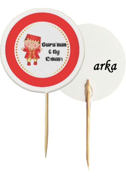 20 Adet Kişiye Özel Yuvarlak Bayraklı 6 Ay Kınası Pasta Kürdanı -1