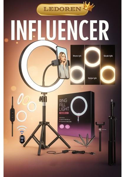 Kumandalı Youtuber Tiktok Çekim Işıklı Telefon Tutucu Makyaj Işığı Ring Light 10 Inç + 2.1 M Tripod