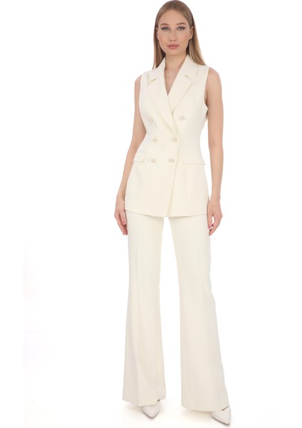 Kadın Yelek Pantolon Takım Beyaz Krep Kruvaze Inci Düğmeli Slim Fit Şık Ofis Davet Günlük Kullanım